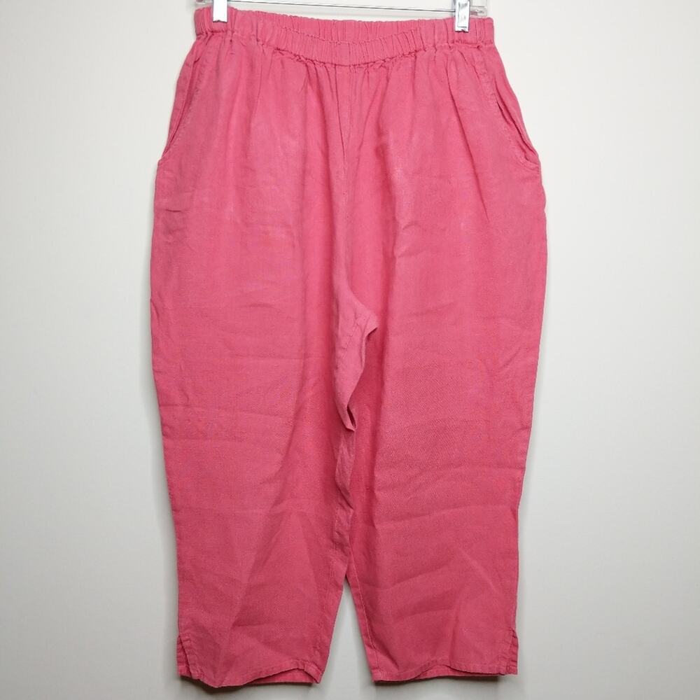 Flax Linen Pants Coral Pink Pockets Elastic Waist - Size M